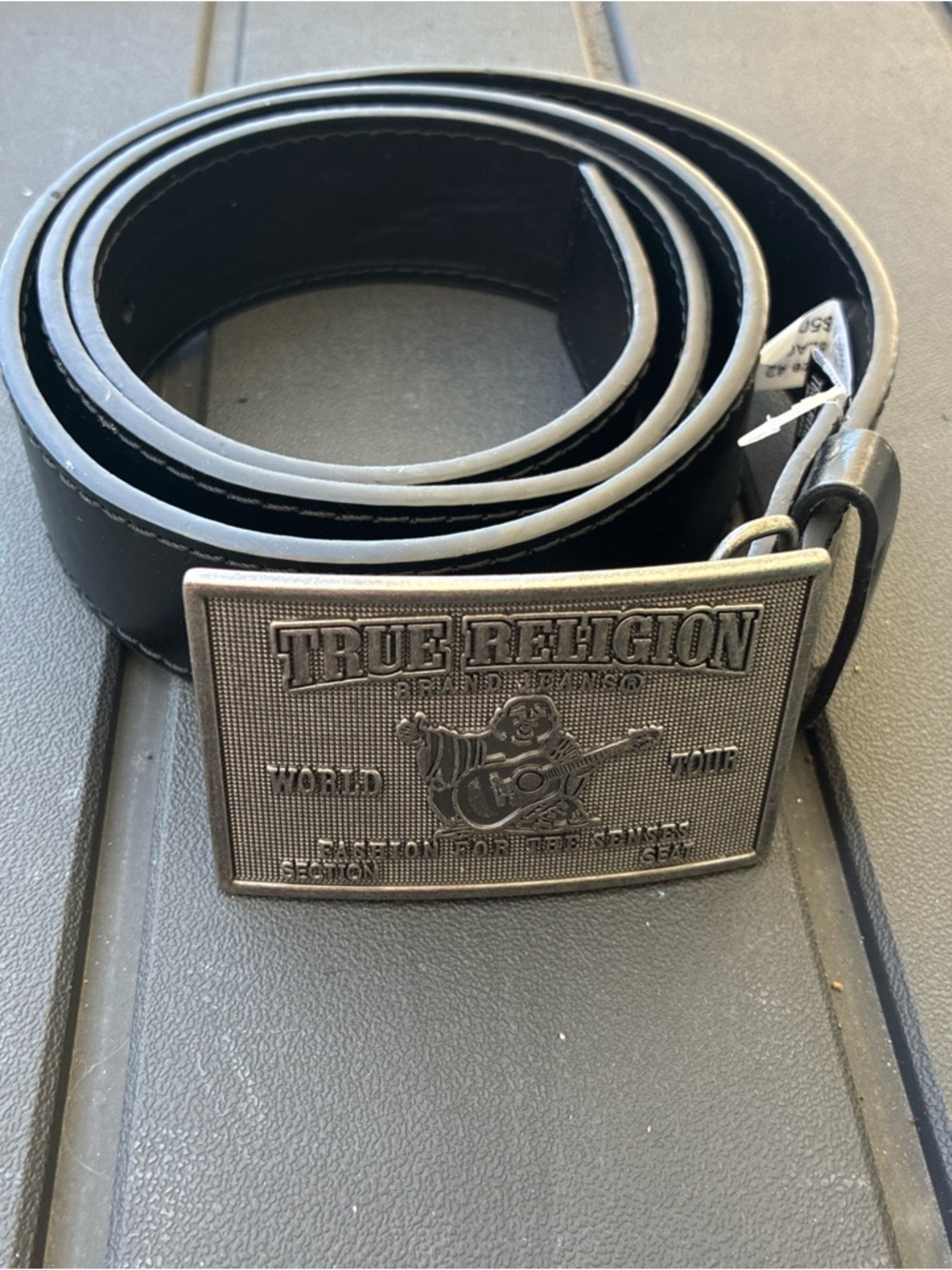 True Religion Black Belt with Silver ticket stub Engraved Logo Buckle